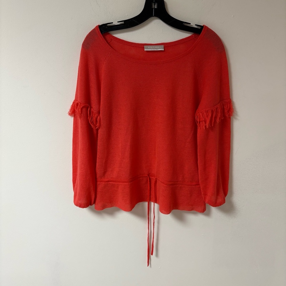 Stefanel Women Red Fringe Sweater Linen Blend Italian Yarn Small